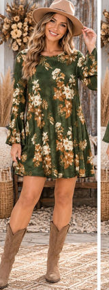 Olive Green Floral Bell-Sleeve Mini Dress Photo 0