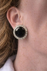 Vintage Black Cabochon Rhinestone Clip On Earrings Silver Tone Statement Photo 0
