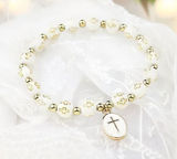 White Stylish Elastic Beaded Cross Charm Bracelet‎ Enamel Oval Cross Beaded Photo 0