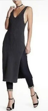FREE PEOPLE Emmy Ribbed V-Neck Sweater Dress Cotton Small Petite GRAPHITE Slits‎ Photo 0