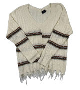 Daytrip Boho Fringe Sweater Cream Striped Distressed‎ Hem Knit Top M/L Photo 0