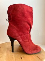 Red Soft Suede Slouchy Heeled Boots Mid Calf Bow Tie Pull On Size 9.5 Rampage Photo 0