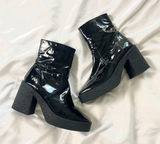 Urban Outfitters (UO) Aria Black Vegan Patent Leather Chunky Heeled Boots US 8 Photo 0