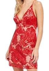 NWT Free People Night Shimmers Mini Dress Red Lace Sequin V Neck Size 10 Glam Photo 0