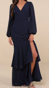 NEW Lulus Tier Elegance Navy Long Sleeve V-Neck Chiffon Tiered Maxi Dress Medium Photo 0