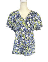 MC2 lime green and blue floral short sleeve v-neck scrub top front pockets L Photo 0