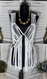 Solitaire white fringes crochet vest top macrame boho fairy festival coastal S Photo 0