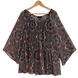AB Studio Floral‎ Paisley Sheer Blouse Women's Large Boho Flared Hippie Babydoll Photo 0