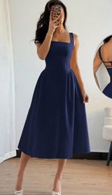 Navy Blue Square Neck Halter Cross-Back Dress Photo 0