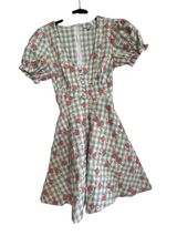 Unique Vintage Puff-Sleeve Fit & Flare Dress in Light Green with peaches Photo 0