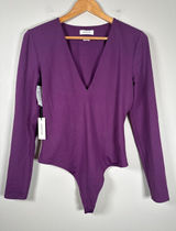 Aritzia Babaton NEW Contour Dewberry Purple Mauve Bodysuit V Neck Long Sleeve L Photo 0
