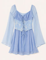 Light Blue Corset Mini Dress XS Floral Embroidered Lace Bell Sleeve Cottagecore Photo 0