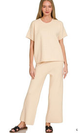 Zenana Viscose Round Neck Top &‎ Pants Set - Large Photo 0