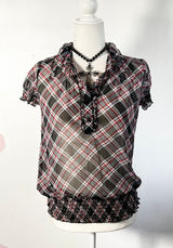 Vtg Y2K 2000s Plaid Top Women's Small Red Sheer Smocked Grunge‎ Goth Photo 0