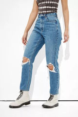American Eagle 10 Long 10T Highest Rise Mom‎ Jeans Ripped Knee Distressed Blue Photo 0