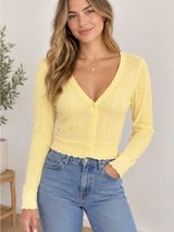 No Comment Yellow Pointelle Knit Cropped Cardigan Sweater V-Neck Button Boho Photo 0