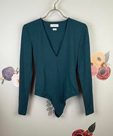 Babaton by Aritzia Teal Thong Long Sleeve V-Neck Bodycon Bodysuit - Size - Small Photo 0