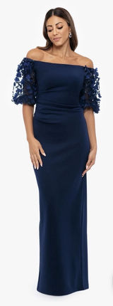 Xscape "BERNICE" TECHNO‎ SCUBA 3D FLORAL SLEEVE FLOOR LENGTH DRESS Navy Size 4 Photo 0