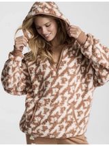 PINK Victoria's Secret Brown White Sherpa Fleece Pullover Hoodie V-Neck Large Photo 0