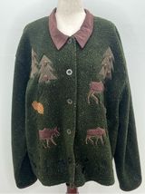Cabelas Womens Green Moose Pine Tree Applique Cabin Core Sherpa Fleece Jacket XL Photo 0
