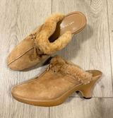 Antonio Melani Tan Suede Faux Fur Trim Tassel Mules Kitten Heel Shoe Womens 7.5M Photo 0