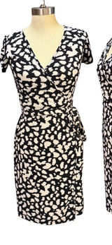 LOFT XS Animal Print Faux Wrap Dress Black White Short Sleeve Stretch Career Photo 0