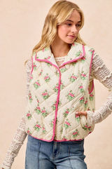 BiBi Floral Print Piping Detail Quilted Vest - Cream/Pink - Large Photo 0