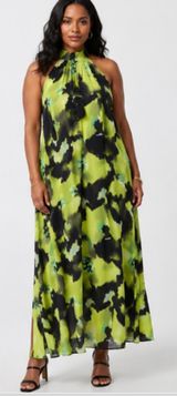 New Eloquii Halter Maxi Dress Chartreuse Black Watercolor Print Size 18 Photo 0