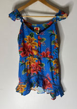 Farm Rio blue floral‎ ruffle sleeveless button down blouse tank XS Photo 0