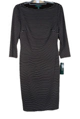 LAUREN RALPH LAUREN Boatneck Long Sleeve Brown Cream Stripe Dress‎ Sz 6 NWT $189 Photo 0