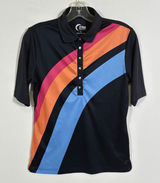 Zyia Active Womens Black Rainbow Stripe Snap Polo Shirt Short Sleeve Small Photo 0