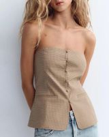 NWT Zara Checkered Plaid Covered Button Corset Strapless Top in Tan - S Photo 0