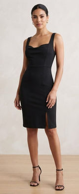 Lulus Women Dress Medium Black Bodycon Cowl Neck Front Slit Midi JD10964 Photo 0