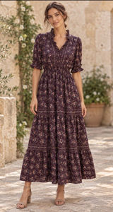 Max Studio Plum Floral Smocked Waist Tiered Ruffle V-Neck Boho Photo 0