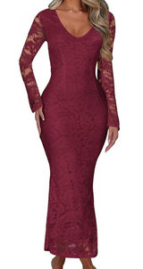 Ekaliy Women Bodycon Maxi Dress Floral Lace Elegant Wine Red. Size M Photo 0