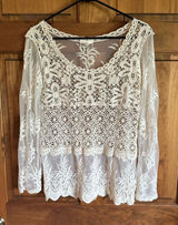 Anthropologie cream Boho Crochet Lace Long-Sleeve overlay western Top Size L Photo 0