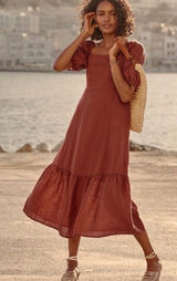 New Garnet Hill Linen Puff Sleeve Midi Dress Marsala tiered burgundy XL Photo 0