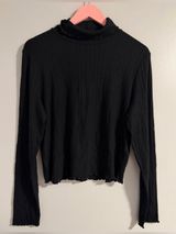 Madewell Black Ribbed Lettuce-Edge Mock Neck Long Sleeve Top Photo 0
