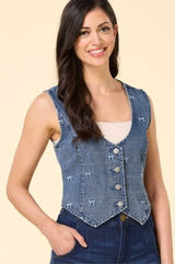 STOOSH VINTAGE DENIM VEST With Embroidered Bows Size Small NWT‎ Photo 0