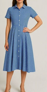 Ivy + Blu Striped‎ Shirt Dress Fit & Flare handkerchief hem Cotton Blue White 10 Photo 0