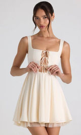 OH POLLY Nanisca Ivory Tie-Detail A-Line Micro Mini Dress Sz 10 Photo 0