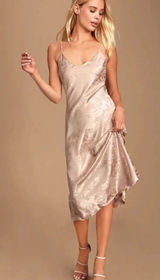 Lulus Calla Love champagne floral jacquard satin slip midi dress sz Medium Photo 0