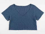🖼️ SHEIN Dusty Blue V-Neck Cropped Waffle Knit Relaxed Fit Tee Photo 0