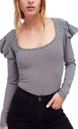 FREE PEOPLE Puff Sleeve Penelope Long Sleeve Black Striped Top Size Small Photo 0