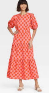 Who What‎ Wear Tiered Midi Dress Womens S Pink Orange Polka Dot Puff Sleeve Boho Photo 0