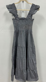 Hill House Ellie‎ Nap Dress XS Grey Blue Plaid Smocked Ruffle Midi Dress Picnic Photo 0