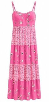 No Comment Cottagecore Floral Bustier‎ Maxi Dress Smocked Tiered Pink White Women's Large Photo 0