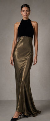 Vintage Roberta 90s Gold Lamé Bias Cut Velvet Halter Maxi Gown 9/10 Photo 0