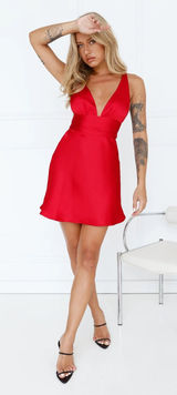 Hello Molly Silky Moment Mini Dress Red Satin V Neck Cocktail Womens Size XS Photo 0