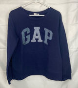 EUC GAP women’s navy blue glitter decal fleece lined long crewneck sweatshirt L‎ Photo 0